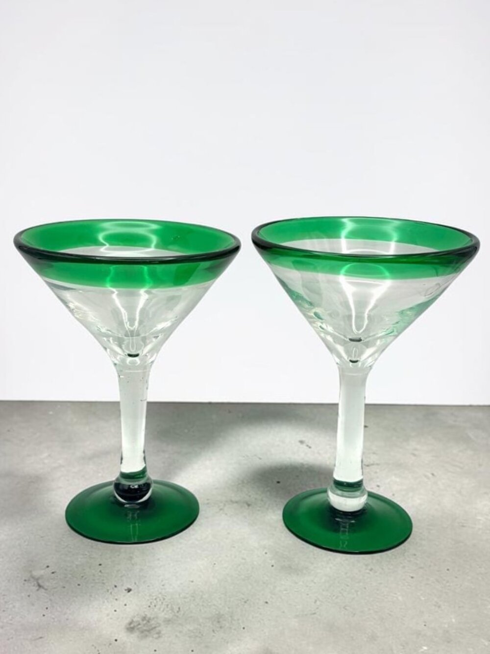 Set of 2 Green Rim Martini Glasses Clear Stem Green Base Cocktail Barware